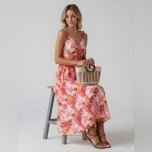 Boho Floral Print Knot Shoulder Shirred Cami Dress - Picture 3 of 7